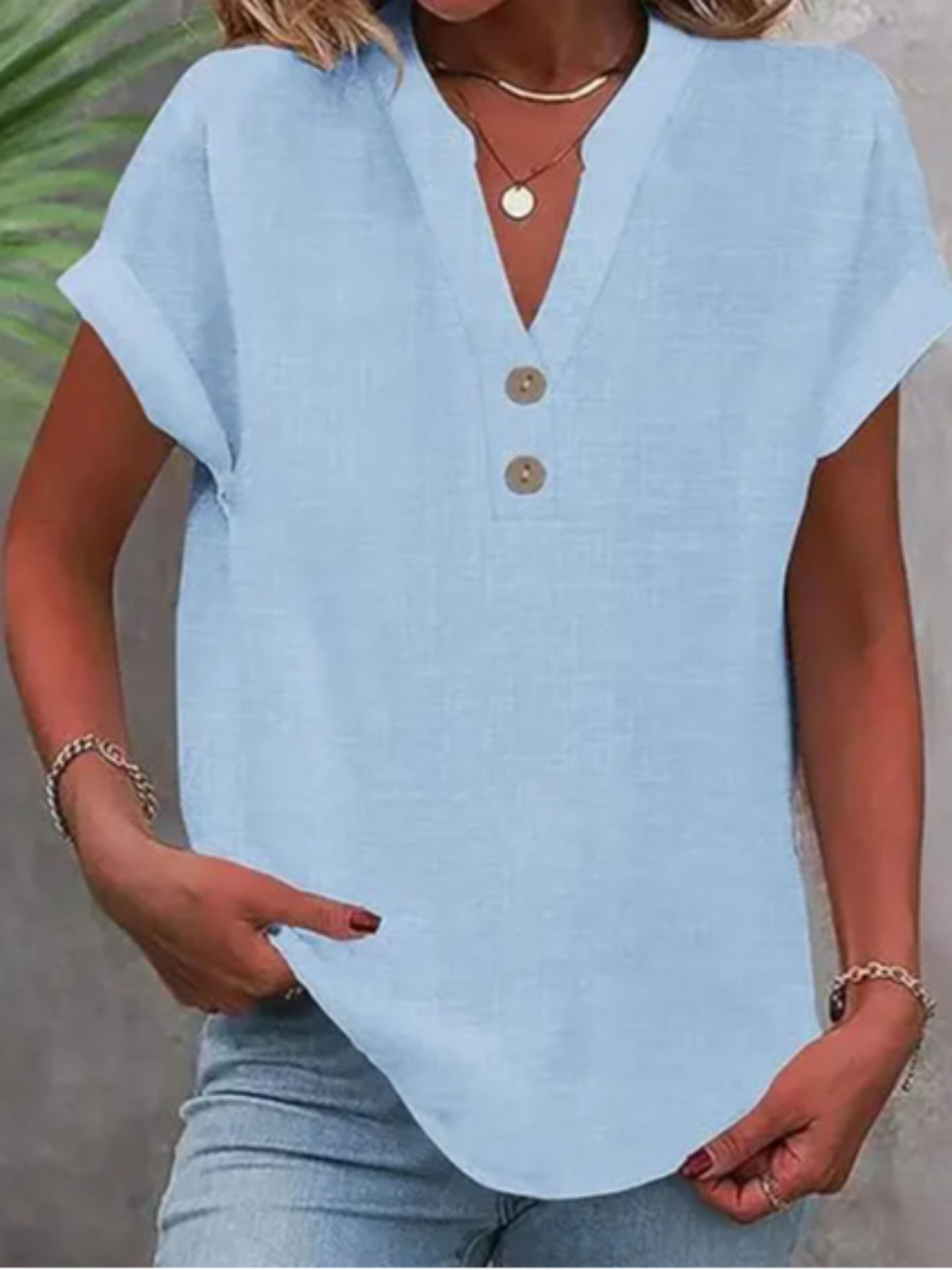 ZOELNIC Women's V-Neck Button-Front Placket T-Shirts - Short Sleeve Casual Summer Tops, Breathable Daily Wear Shirts Suitable for Spring/Summer, Solid Color Casual Wear, Machine Washable (No)
