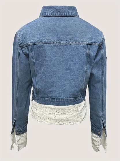 Women's Stylish Lace-Trimmed Cropped Denim Jacket - Casual Long Sleeve Jean Coat with Flap Pockets, Button-Up Front, Perfect for Spring & Fall