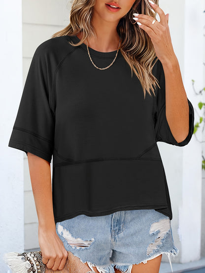 Solid Crew Neck Loose Basic T-shirt, Casual Half Sleeve Spring And Summer T-Shirt, Women's Clothing