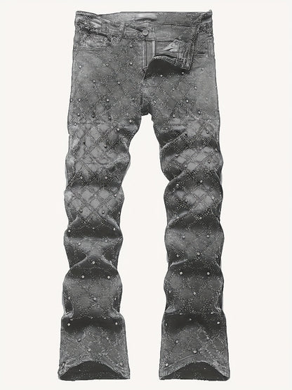 Y2K Men's Shiny Rhinestone Embellished Stretch Slim-Fit Jeans, Casual Street Style Hip-Hop Skateboarding Rap Pants, Machine Washable - All-Season Wear