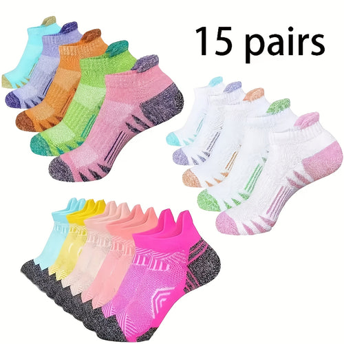 15 Pairs Ankle Sports Socks, Polyester Fabric with 5% Spandex, Label Design, Low-Cut for Running & Casual Wear