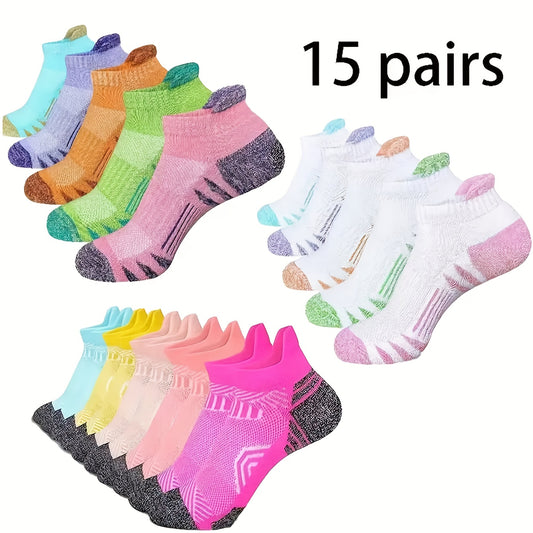 15 Pairs Ankle Sports Socks, Polyester Fabric with 5% Spandex, Label Design, Low-Cut for Running & Casual Wear