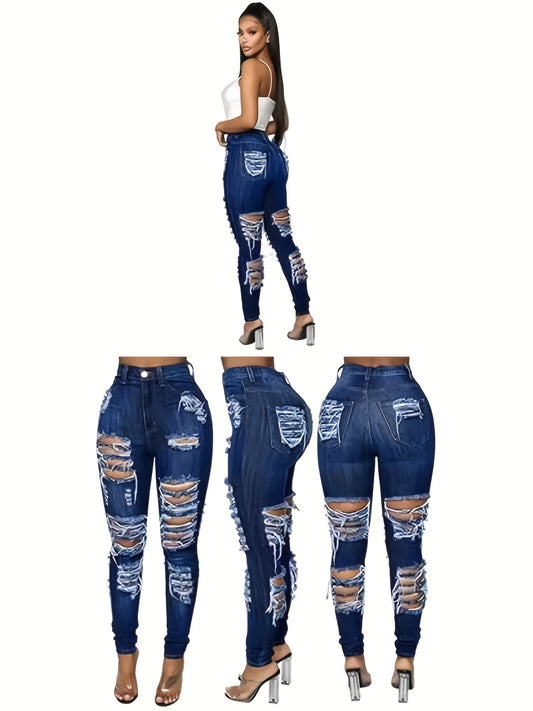 Women'S Hole High Elastic Tight Denim Pants
