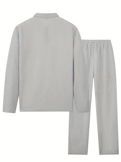 Mens 2pcs Outfits, New Spring Fall Waffle Knit Long Sleeve Top & Pants Set, Comfortable Breathable Casual Sports Tracksuit for Daily Workout