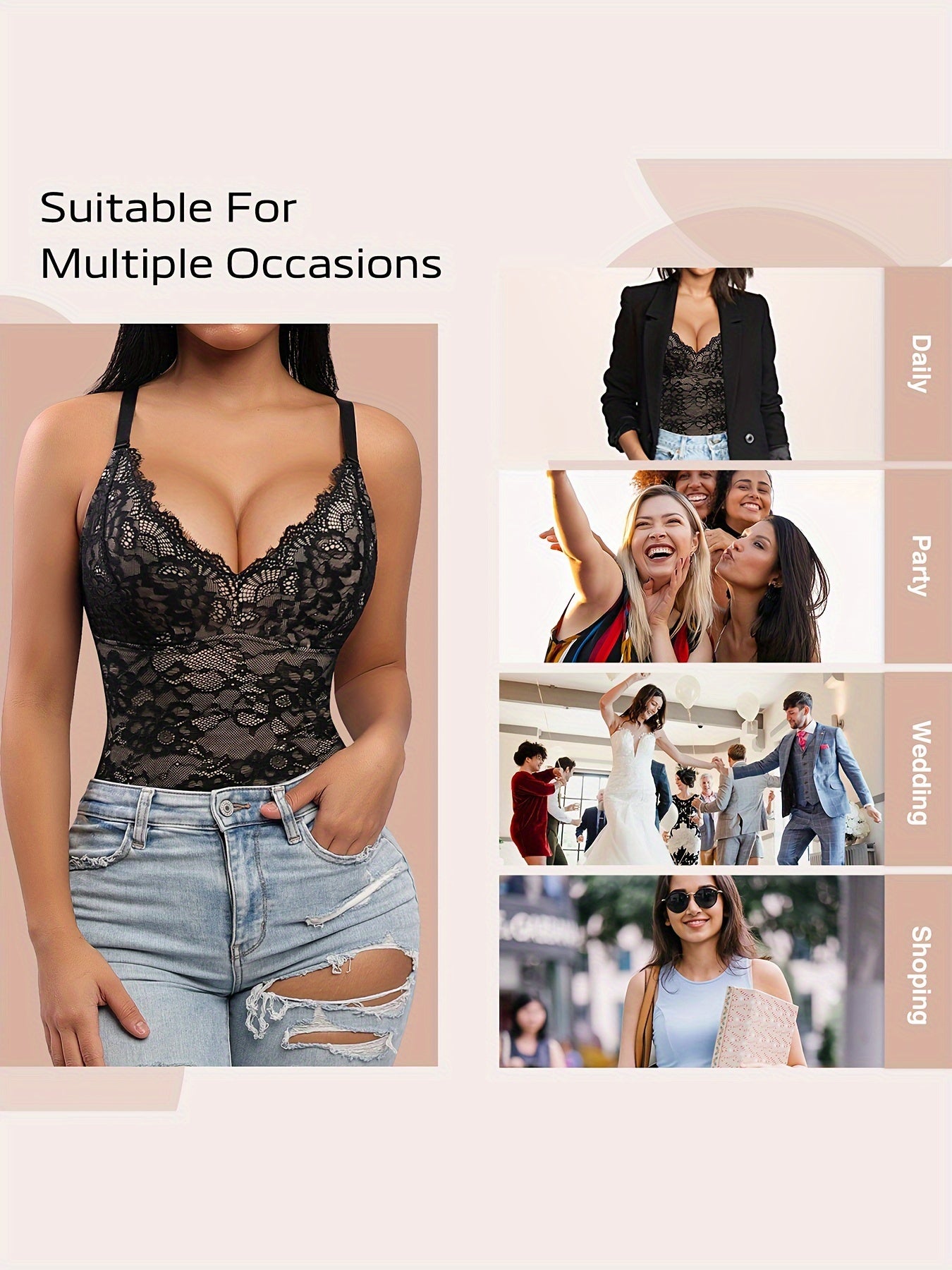 Sleeveless V-Neck Lace Bodysuit for Women, Tummy Control Shapewear Jumpsuit