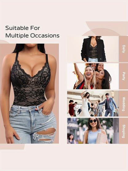 Sleeveless V-Neck Lace Bodysuit for Women, Tummy Control Shapewear Jumpsuit