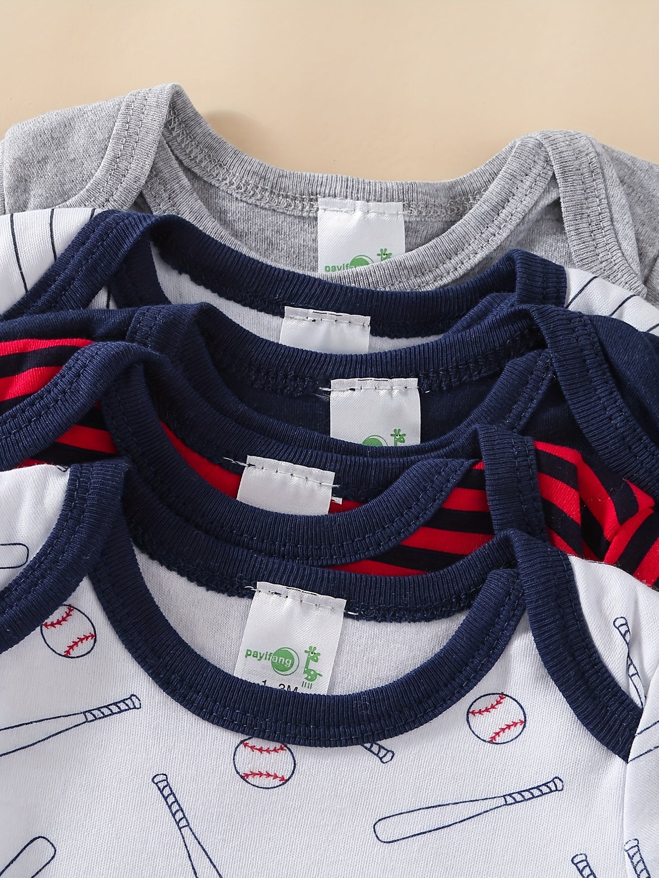 5pcs Set Of Baby Boys' Short Sleeved Cartoon Triangle Jumpsuit, Ha Yi, Baby Boys' Baseball Sports Crawling Suit, Perfect for Outdoor