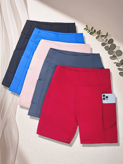 Five-piece Set Of High-waisted Women'S Cycling Shorts With Pockets, Yoga Shorts For Gym Workouts, Running, Made Of