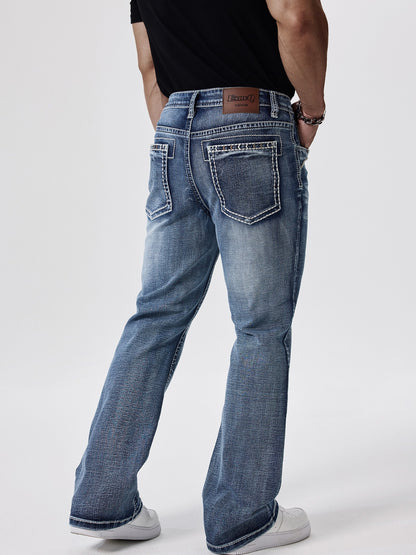 ESDVQ Men's Slim-Fit Classic Washed Denim Bell-Bottom Jeans - Mid-Stretch Machine-Washable Flared Pants with Suitable for All-Season Wear, Comfortable Stretchable Bell-Bottoms for Casual & Dressy Outfits