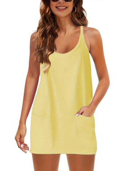 Women'S Summer Sleeveless Mini Dress, Style with Thin Straps, Short Dress Featuring Pockets