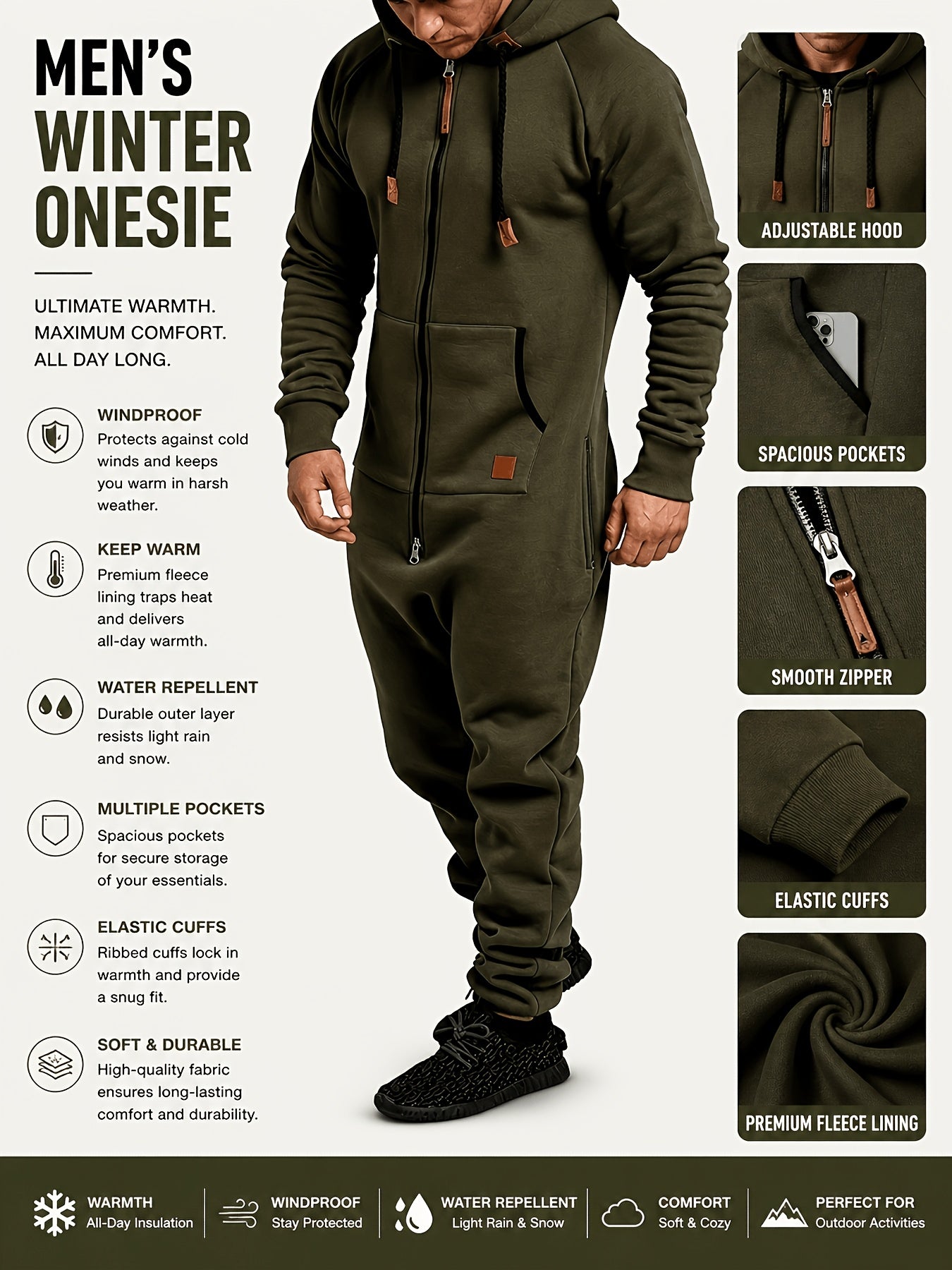 A Men's Hooded Fleece-lined Jumpsuit, Long Sleeve, Full Zip Jumpsuit with Kangaroo Pocket, Suitable for Spring Travel And Seaside Trips