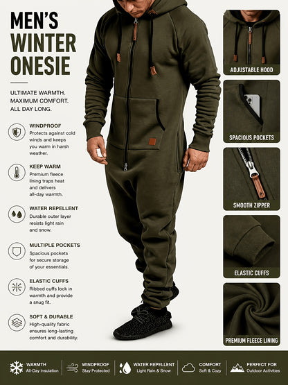 A Men's Hooded Fleece-lined Jumpsuit, Long Sleeve, Full Zip Jumpsuit with Kangaroo Pocket, Suitable for Spring Travel And Seaside Trips