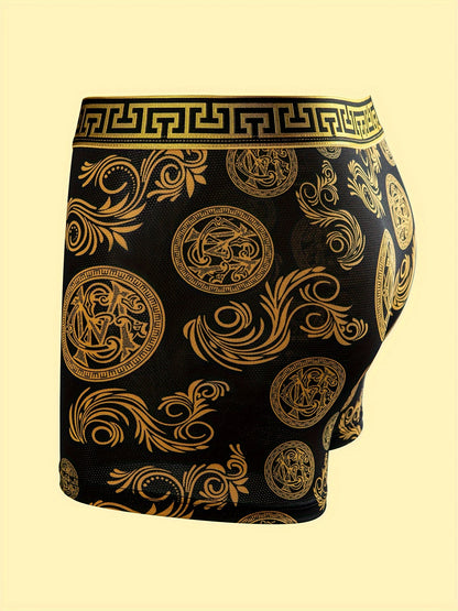 Set of Five High-Quality Men'S Flat Corner Underwear, Featuring Elastic Material, Perfect for Everyday Casual Wear with a Stylish Black And Golden Print