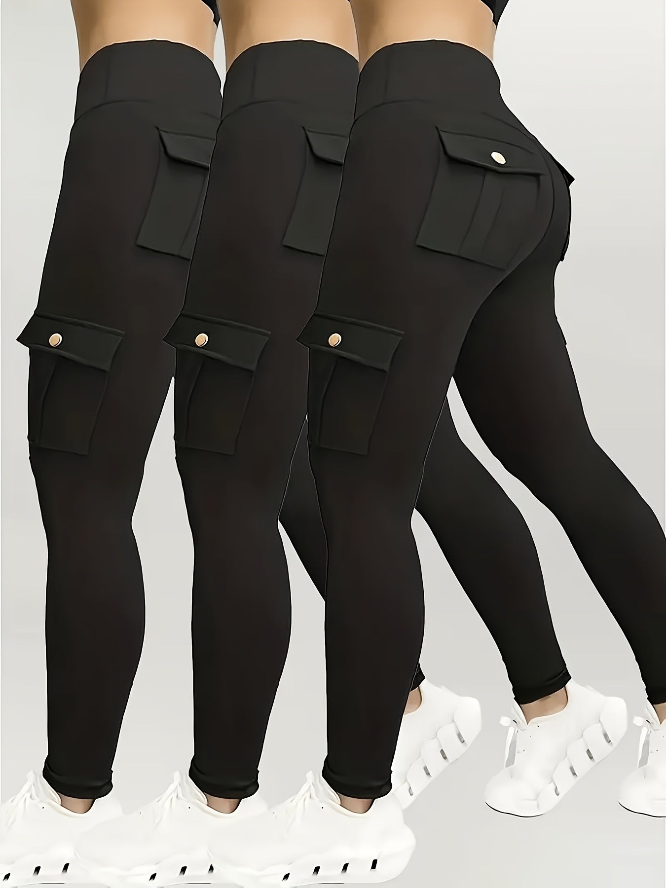 Halloween Costume, 3pcs Women's High-Waisted Yoga Leggings with Pockets - Stretchy Running and Athletic Tights, Button Design, Solid Colors Black, Maroon, Gray, Practical Flap Pockets, Comfortable Fabric Christmas Women's Autumn Wear