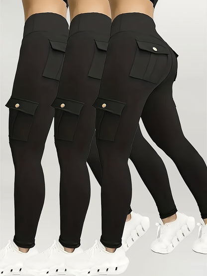 Halloween Costume, 3pcs Women's High-Waisted Yoga Leggings with Pockets - Stretchy Running and Athletic Tights, Button Design, Solid Colors Black, Maroon, Gray, Practical Flap Pockets, Comfortable Fabric Christmas Women's Autumn Wear