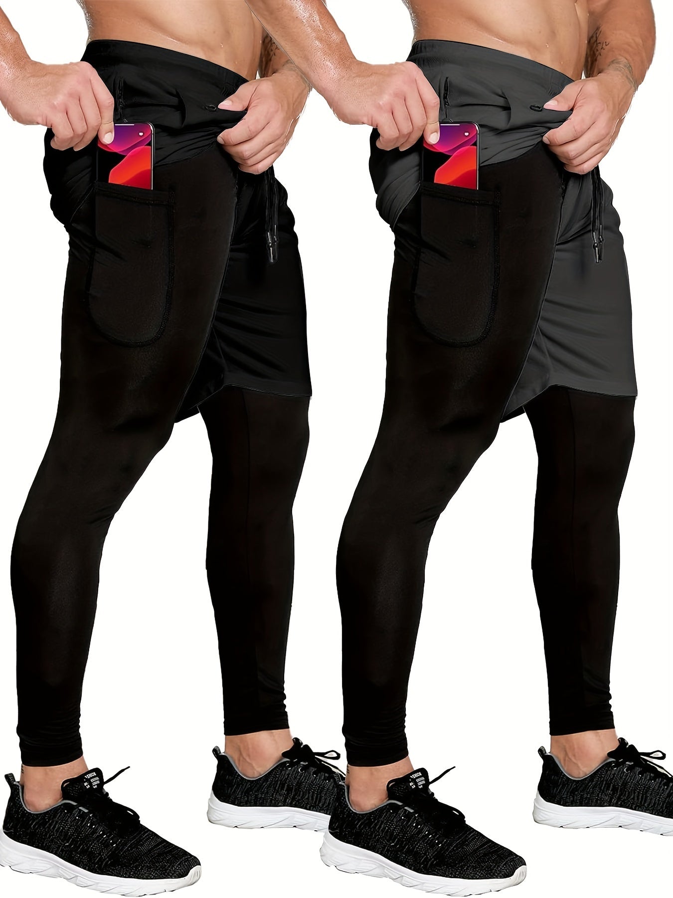Set of 2 Men'S 2-In-1 Running And Workout Pants Designed for Gym Use, Featuring a Towel Loop