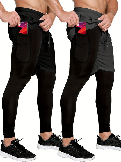 Set of 2 Men'S 2-In-1 Running And Workout Pants Designed for Gym Use, Featuring a Towel Loop