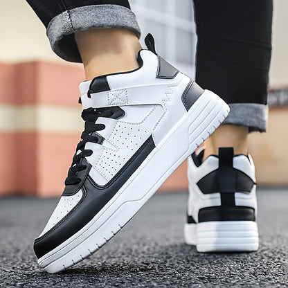 Men's High-Top Lace-Up Sneakers - Durable, Lightweight, Fashionable Casual Sports Shoes, White, PU Upper, MD Sole, EVA/Fabric Insole, Round Toe, Ideal for Hiking, Running & Leisure, Cross Sports Shoes | Lace-Up Closure | Stylish Stitchin