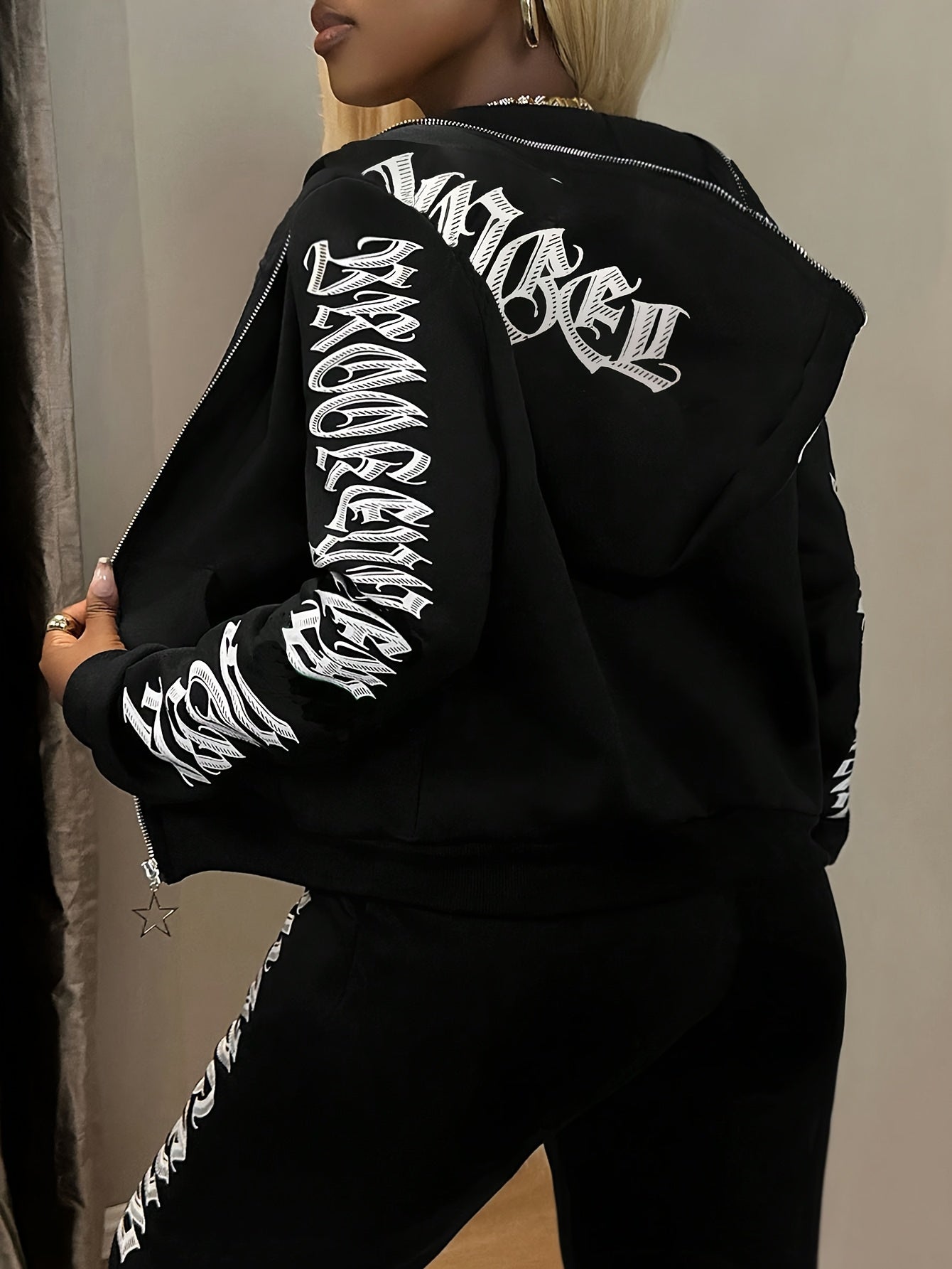 Women's Zippered Long Sleeve Hooded Fashion Set