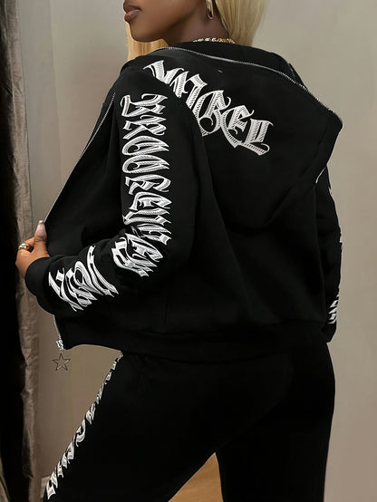 Women's Zippered Long Sleeve Hooded Fashion Set