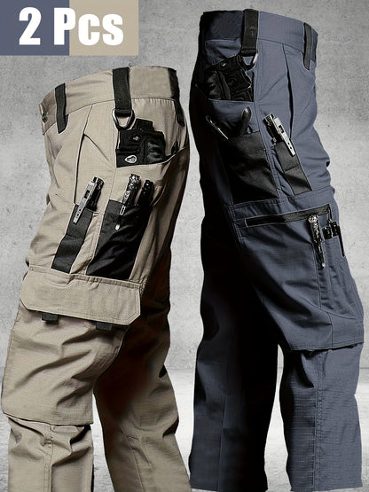 2 Pairs of Men's Tactical Cargo Pants, Outdoor Construction Hiking Multi-pocket Durable Casual Tactical Trousers | Adjustable Waistband | Hiking and Mountaineering Gear (waistband Not Included)