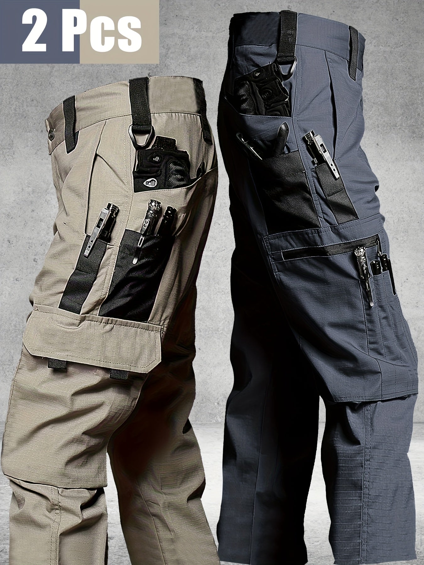 2 Pairs of Men's Tactical Cargo Pants, Outdoor Construction Hiking Multi-pocket Durable Casual Tactical Trousers | Adjustable Waistband | Hiking and Mountaineering Gear (waistband Not Included)