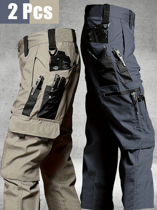 2 Pairs of Men's Tactical Cargo Pants, Outdoor Construction Hiking Multi-pocket Durable Casual Tactical Trousers | Adjustable Waistband | Hiking and Mountaineering Gear (waistband Not Included)