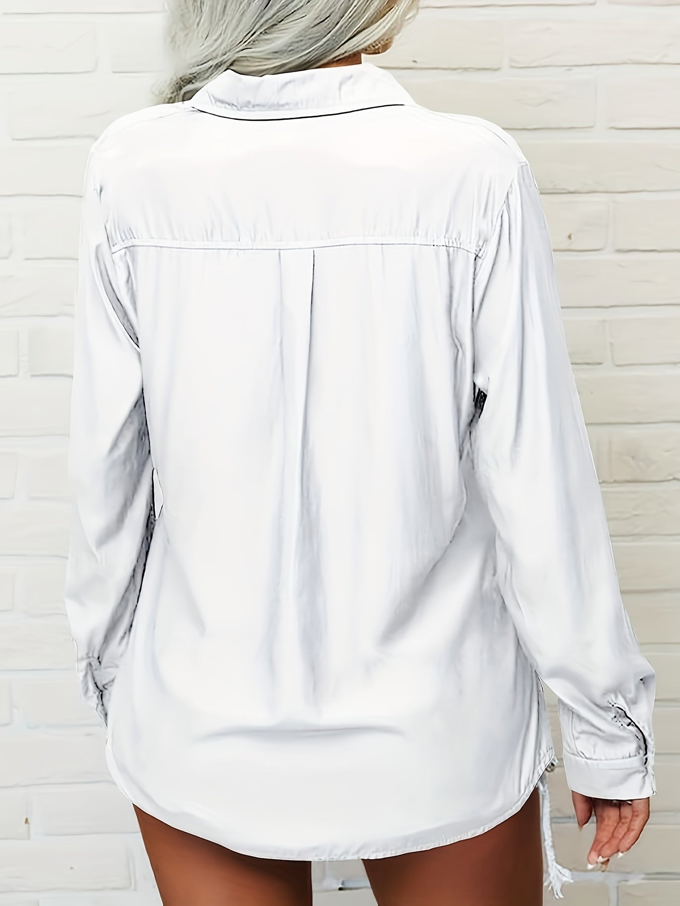 [Women's Slim Fit Lapel Collar Long Sleeve Blouse]-Office Blouses for Women Work, Button Shirt Women, Dressy Casual with Chest Pocket, V Neck Casual Work Blouse Top, Solid Color Roll-Up Cuffs, Spring/Fall Wear, 2025 Trendy