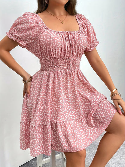 Plus Size - Plus Size - Midi Dress for a Bohemian Vacation in Plus Sizes - Featuring a Square Neckline, Short Puff Sleeves, Gathered Details, a Ruffled Hem, Made from with a Bit of Stretch, Perfect for Casual Weekends in Spring And Summer