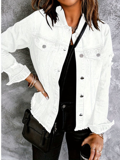 Women's Ripped Washed Button-Up Denim Jacket Coat with Pockets, Casual Classic Distressed Denim Outerwear TZ001