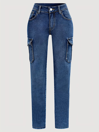 Plus Size - Women'S Plus Size High-Waist Stretchy Skinny Jeans with Pockets - Dark Blue Casual Tight Pants, Comfortable And Stylish for Casual Attire, High Waisted Jeans, Comfortable Clothing, Minimalist Design, Smooth Texture