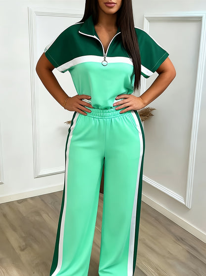 Women'S Casual Sporty Color-blocked Half-zip Stand-up Collar Mid-sleeve Sports Top + High-waisted Wide-leg Side Striped Sports Pants