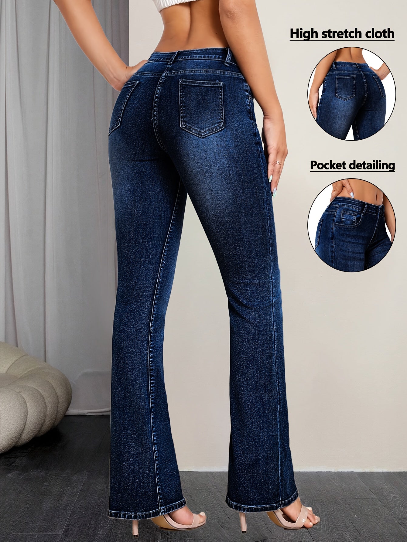 Women's High-Waisted Stretchy Flared Bell Bottom Jeans - Elegant Wash Blue Distressed Look, All-Season Skinny Fit Tapered Leg & Button Closure, Non-See-Through Heavyweight Denim Pants for Casual & Formal Outfits - Versatile Everyday to Formal Wear, Durabl