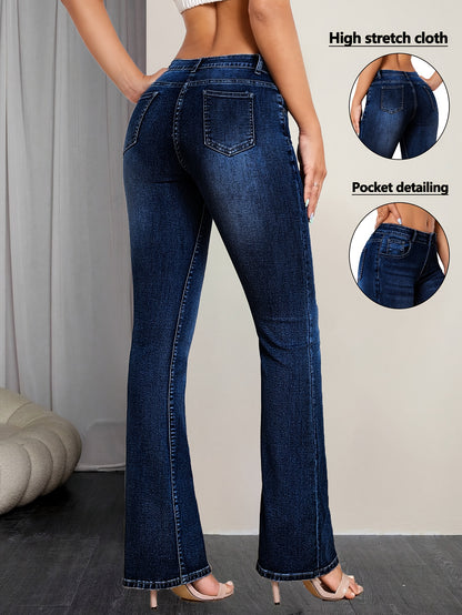 Women's High-Waisted Stretchy Flared Bell Bottom Jeans - Elegant Wash Blue Distressed Look, All-Season Skinny Fit Tapered Leg & Button Closure, Non-See-Through Heavyweight Denim Pants for Casual & Formal Outfits - Versatile Everyday to Formal Wear, Durabl