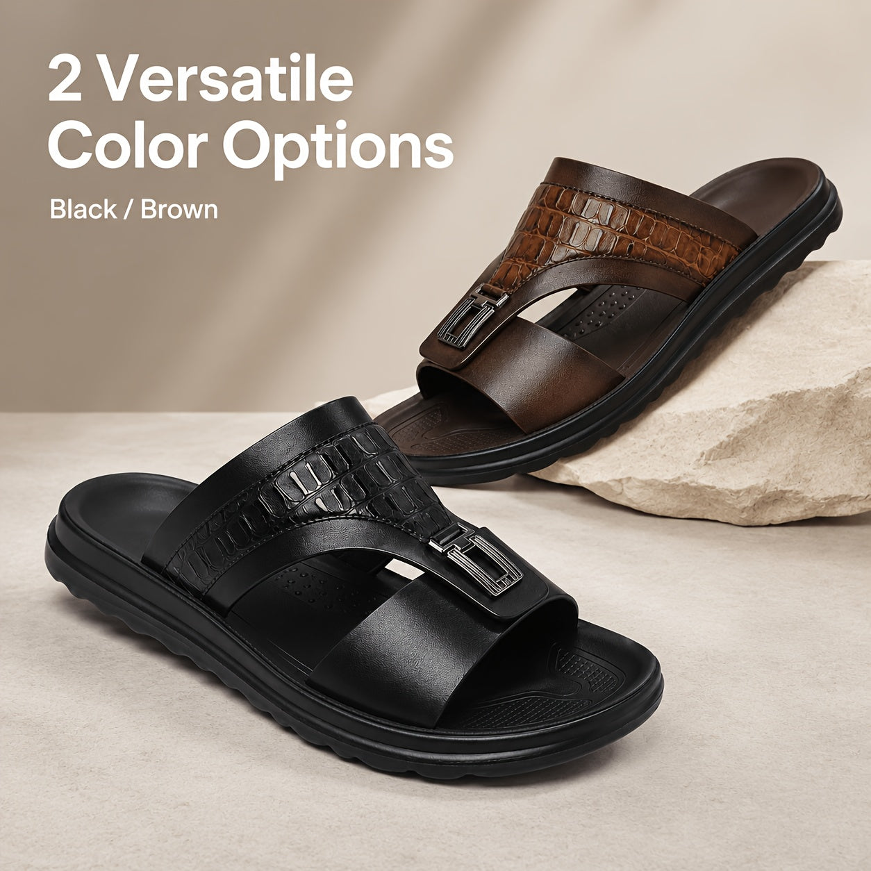Men's Textured Slide Sandals, Crocodile-Print Straps with Metal Buckle - Minimalist Summer Shoes for Resort & Lounge