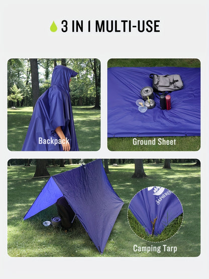 3-In-1 High Quality Hooded Rain Poncho with Side Pockets - Durable Polyester, Windproof for Outdoor Activities Like Camping, Hiking & Cycling