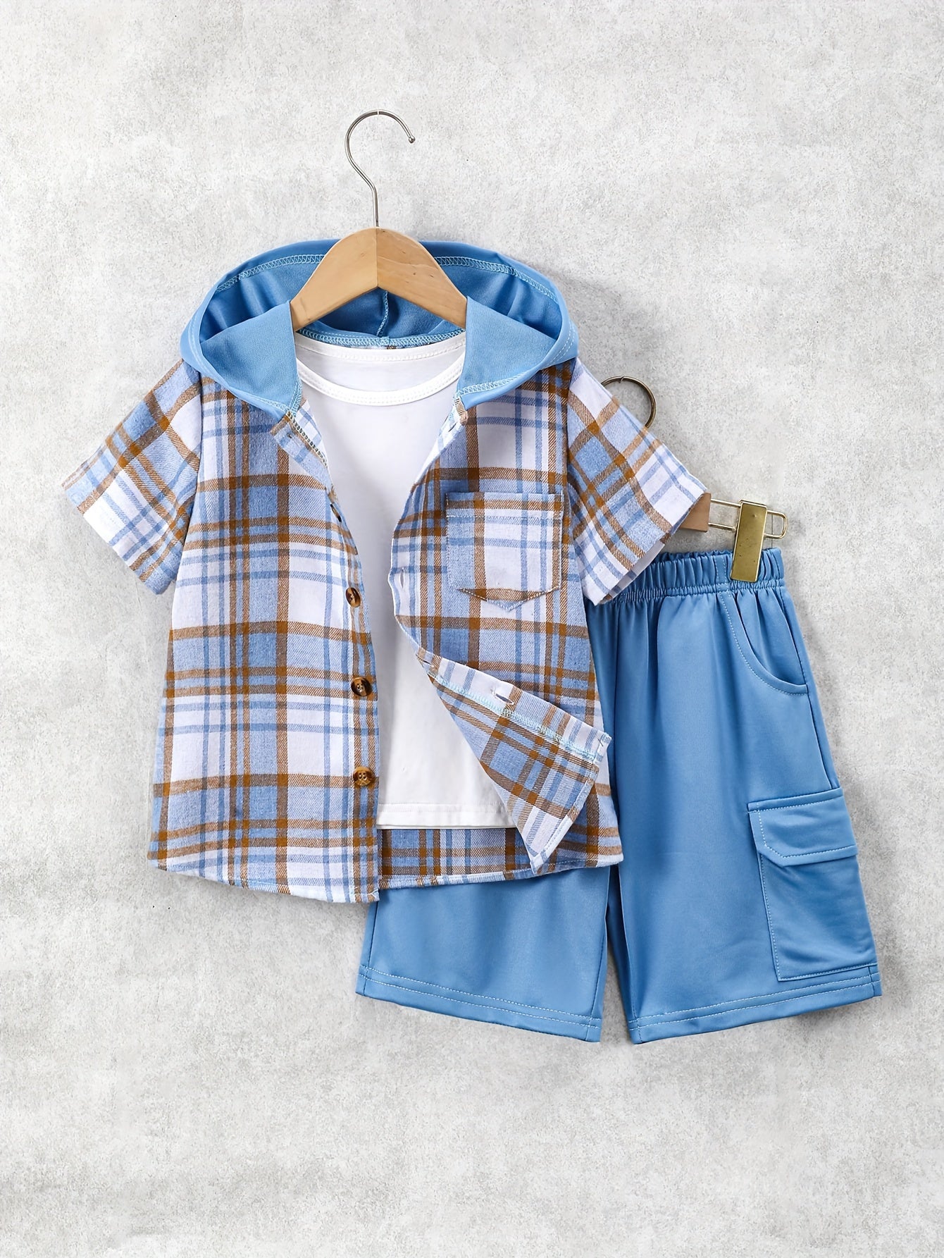 2pcs, Children's Short-sleeved Plaid Shirt Shorts Hooded Top Cardigan Fashion Casual Children's Shorts Set, Perfect for Outdoor