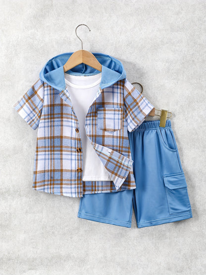 2pcs, Children's Short-sleeved Plaid Shirt Shorts Hooded Top Cardigan Fashion Casual Children's Shorts Set, Perfect for Outdoor
