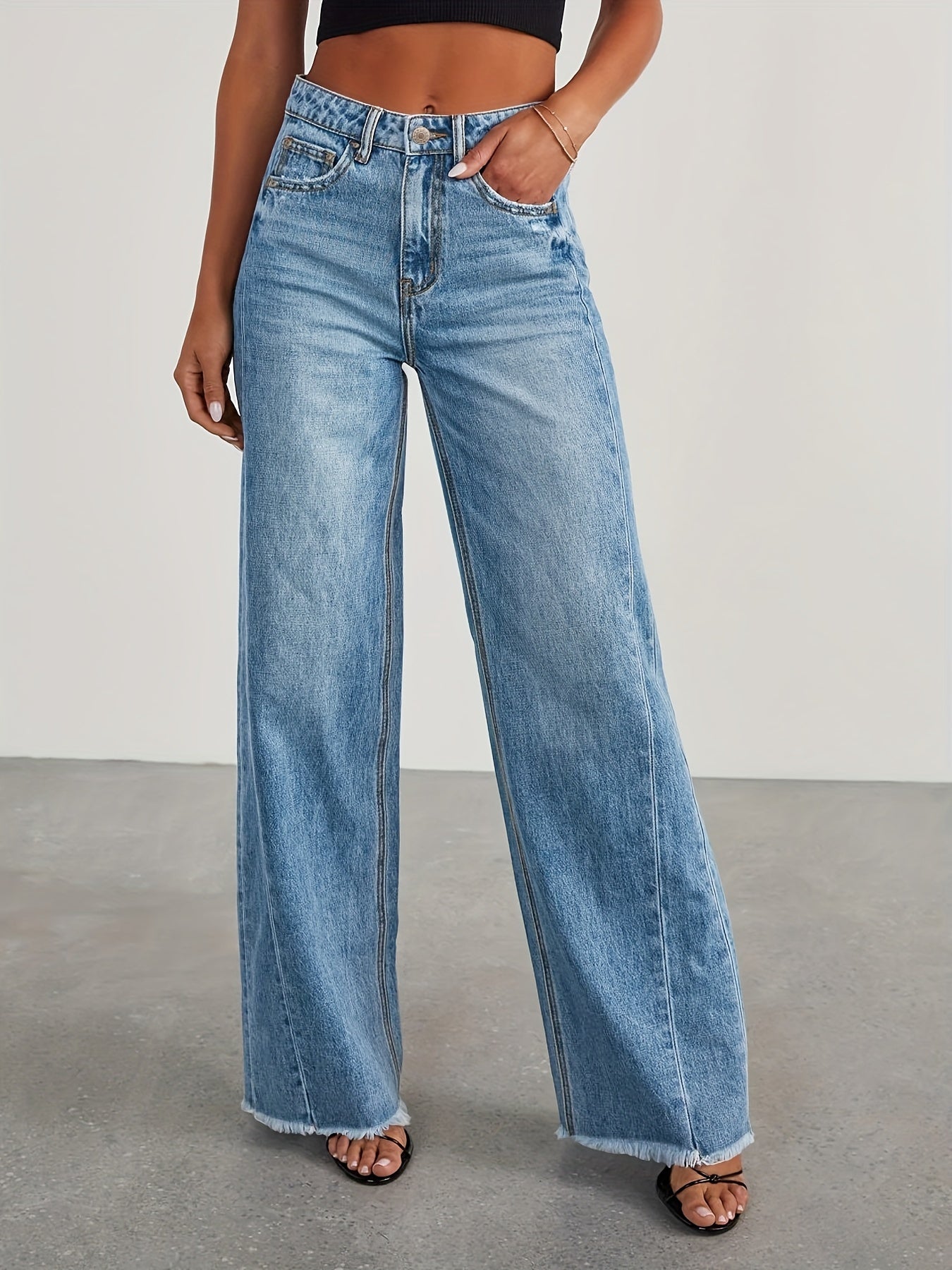 Women's High-Waisted Wide Leg Jeans - Casual Baggy Stretch Denim Pants with Pockets