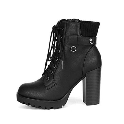 Women Short Boots Fall Winter Boots Women's Lace up Combat Ankle Boots High Chunky Heel Fashion Heeled Booties Shoes Black Boots
