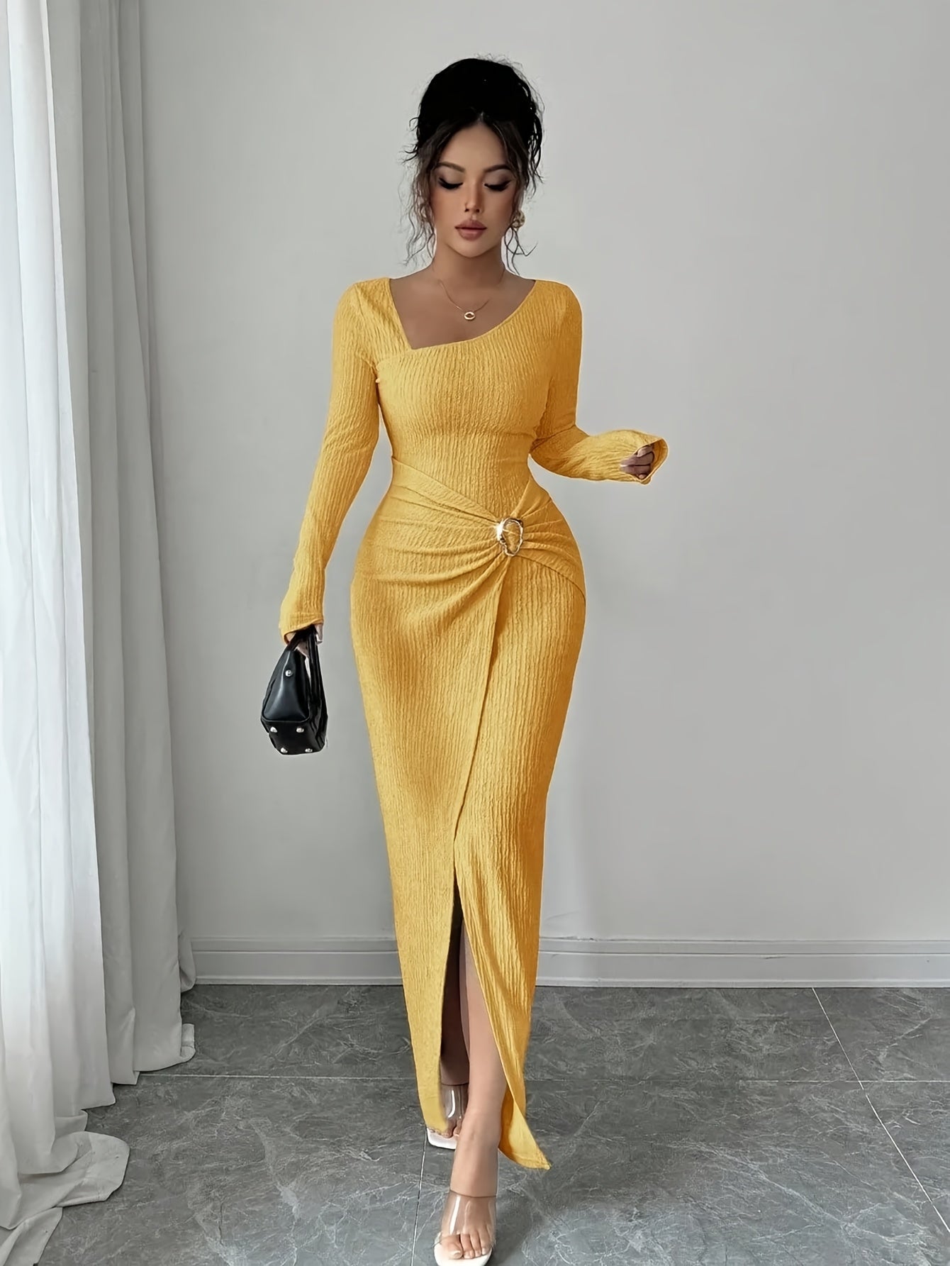 Women'S Solid Color Twisted Split Maxi Dress Asymmetrical Neck Slim Bodycon Fall Winter Elegant Fashion Dress
