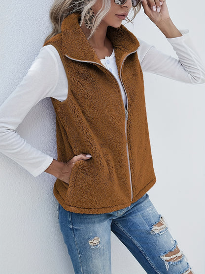 Lightweight Sleeveless Cardigan with a Zipper, Featuring Double-Sided Fleece, Perfect for Autumn And Winter, Complete with Pockets