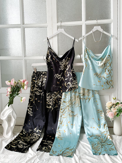 [Four-Piece Pajamas Set] Women's Elegant Small Cherry Print, Wearable in All Seasons, Pile Collar Suspenders Long Pajamas Set, Comfortable Four-Piece Set