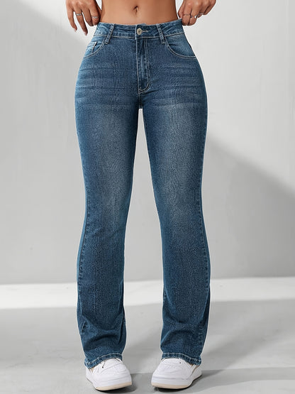 Stylish Versatile Retro Blue High-Waist Stretch Slim-Fit Women'S Flared Jeans
