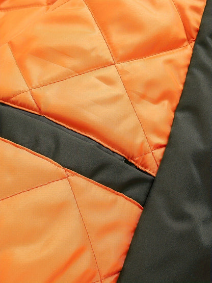 Men'S Plus Size Olive Green Varsity Jacket with Orange Accents - Thick, Warm, and Stylish for Fall/Winter, Baseball Collar, Button-Up Front, Side Pockets, Casual & Outdoor Wear, PLUS SIZE
