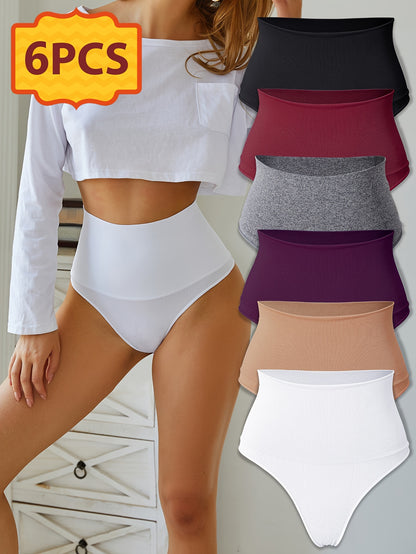 6pcs Women's High Waisted Thong Underwear - Seamless Tummy Tights with Hip Lift & Butt Lifting, Solid Color Breathable Elastic Panties Suitable for Daily Commuting, Gym,, Non- Full Coverage High Panties