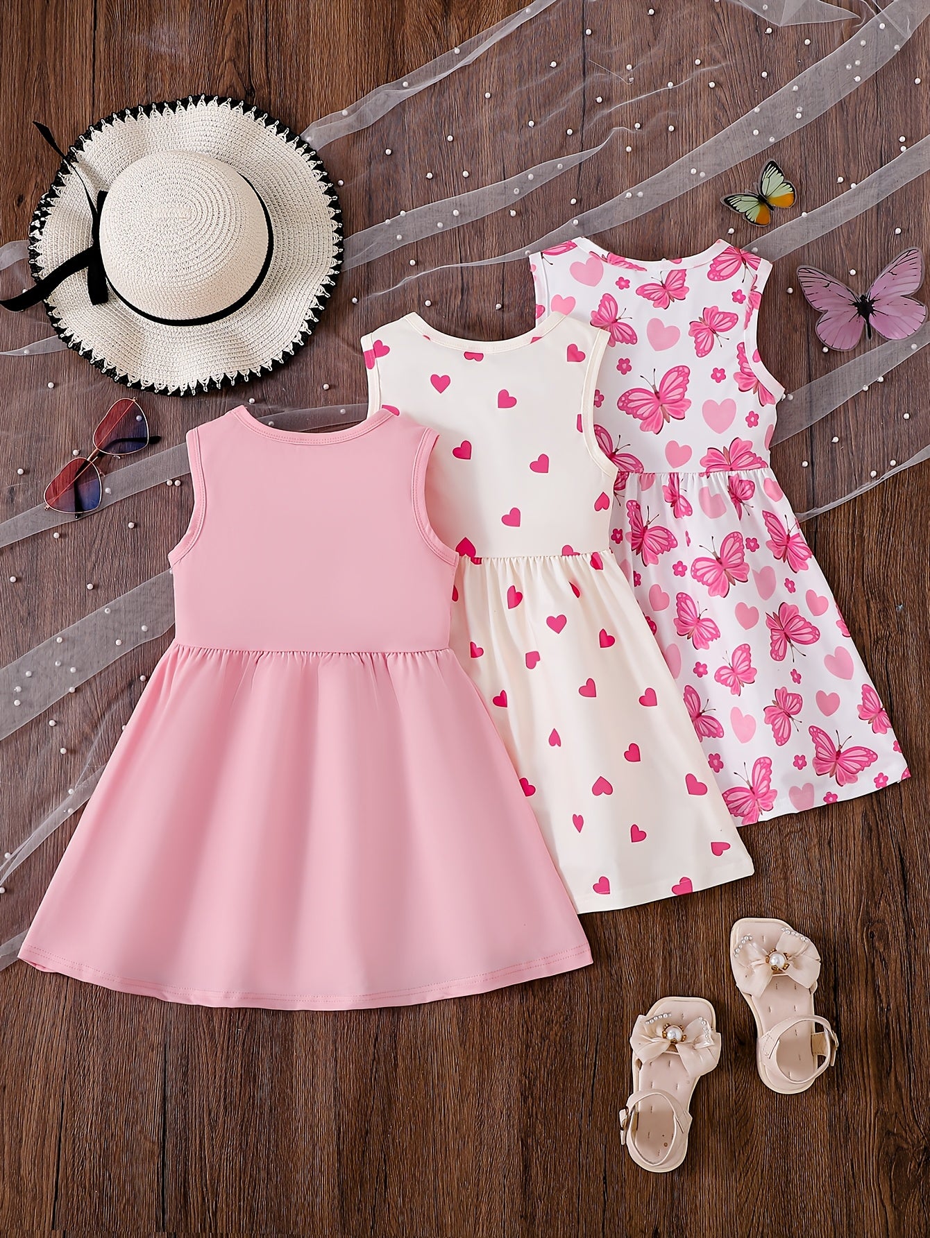 3pcs Cute Girls' Sleeveless Pink Dress Set with Butterfly And Heart Prints | Spring/Summer, Knitted Fabric, Regular Fit