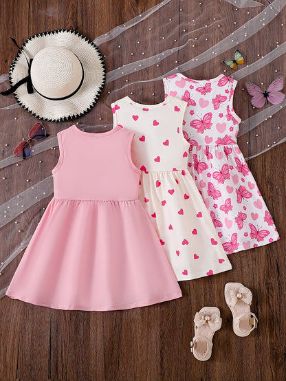 3pcs Cute Girls' Sleeveless Pink Dress Set with Butterfly And Heart Prints | Spring/Summer, Knitted Fabric, Regular Fit