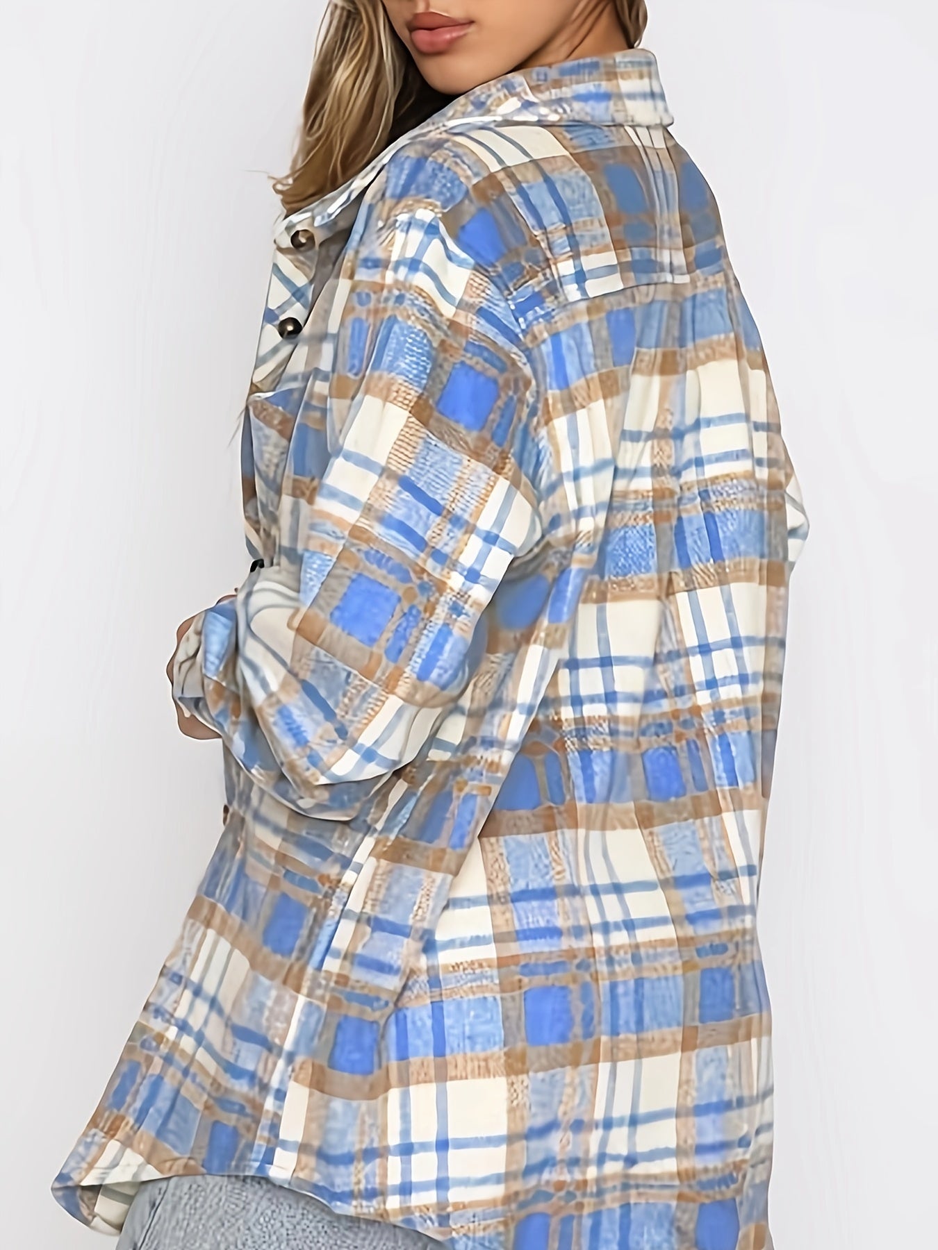 Women's Casual Flannel Plaid Shacket Button Long Sleeve Shirt Jacket Coats with Pockets