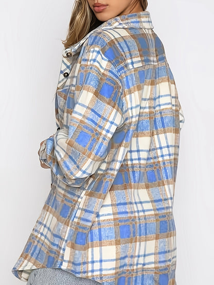 Women's Casual Flannel Plaid Shacket Button Long Sleeve Shirt Jacket Coats with Pockets